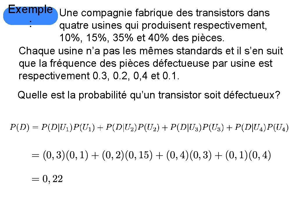 Exemple Une compagnie fabrique des transistors dans : quatre usines qui produisent respectivement, 10%,