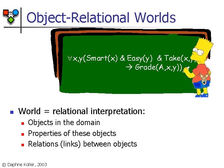 Object-Relational Worlds x, y(Smart(x) & Easy(y) & Take(x, y) Grade(A, x, y)) n World