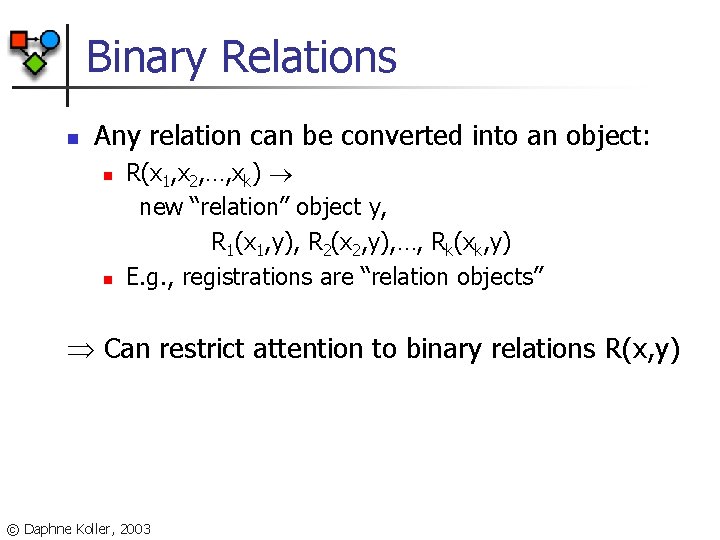 Binary Relations n Any relation can be converted into an object: n n R(x