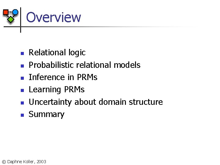 Overview n n n Relational logic Probabilistic relational models Inference in PRMs Learning PRMs