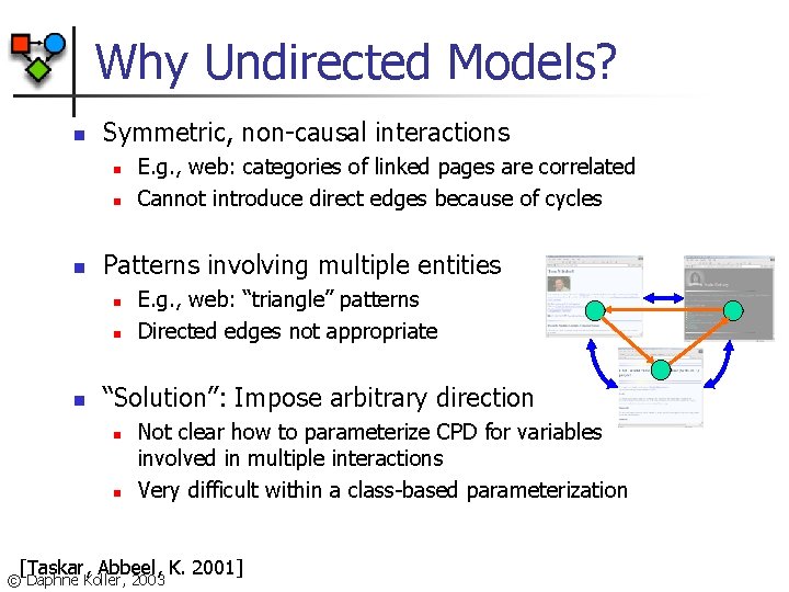 Why Undirected Models? n Symmetric, non-causal interactions n n n Patterns involving multiple entities