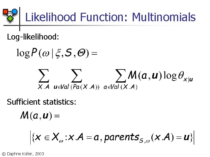 Likelihood Function: Multinomials Log-likelihood: Sufficient statistics: © Daphne Koller, 2003 