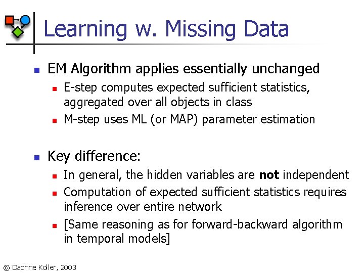 Learning w. Missing Data n EM Algorithm applies essentially unchanged n n n E-step