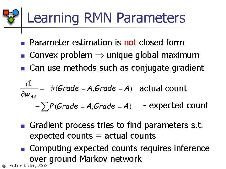 Learning RMN Parameters n n n Parameter estimation is not closed form Convex problem