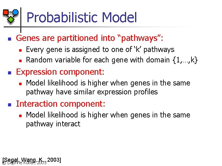 Probabilistic Model n Genes are partitioned into “pathways”: n n n Expression component: n