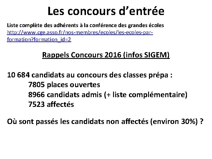 Les concours d’entrée Liste complète des adhérents à la conférence des grandes écoles http: