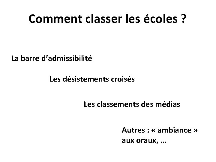 Comment classer les écoles ? La barre d’admissibilité Les désistements croisés Les classements des