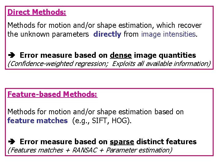 Direct Methods: Methods for motion and/or shape estimation, which recover the unknown parameters directly