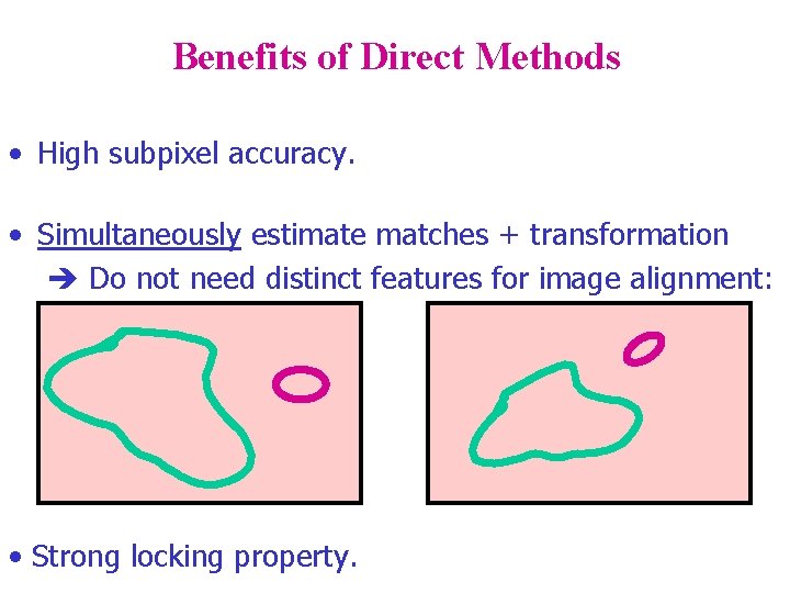 Benefits of Direct Methods • High subpixel accuracy. • Simultaneously estimate matches + transformation