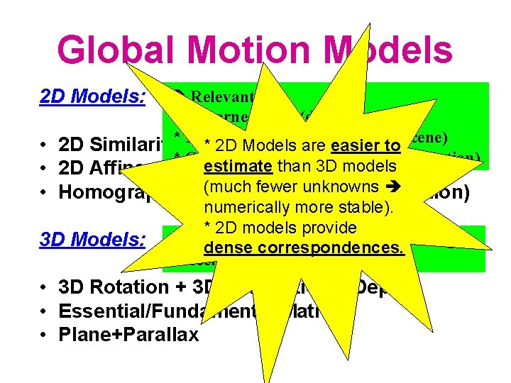 Global Motion Models 2 D Models: Relevant for: *Airborne video (distant scene) Surveillance (distant