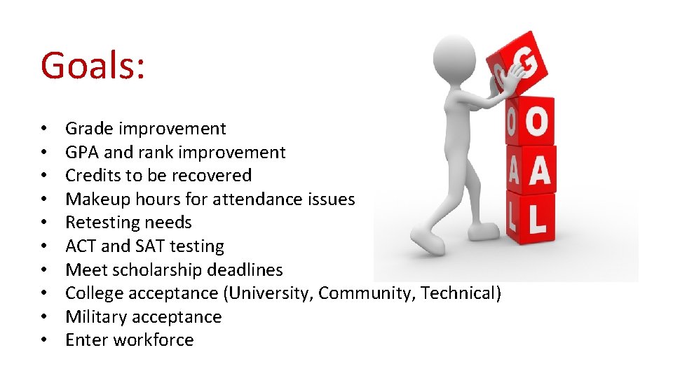 Goals: • • • Grade improvement GPA and rank improvement Credits to be recovered