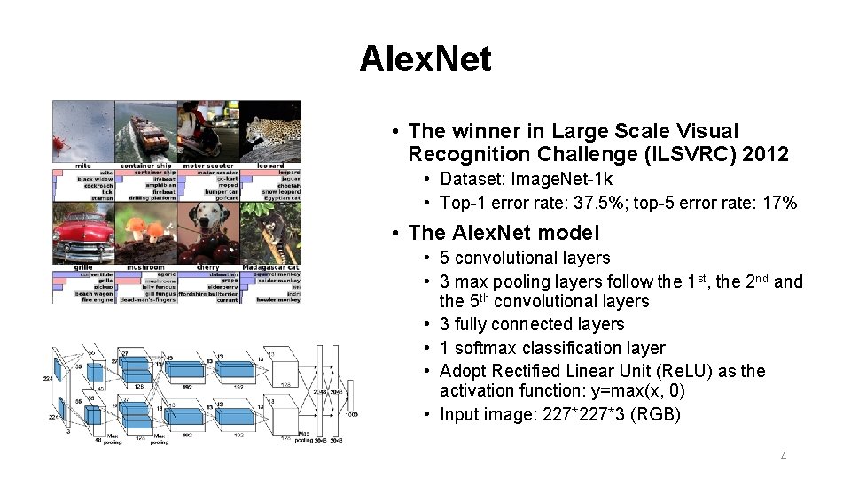 Alex. Net • The winner in Large Scale Visual Recognition Challenge (ILSVRC) 2012 • Alex. Net • The winner in Large Scale Visual Recognition Challenge (ILSVRC) 2012 •