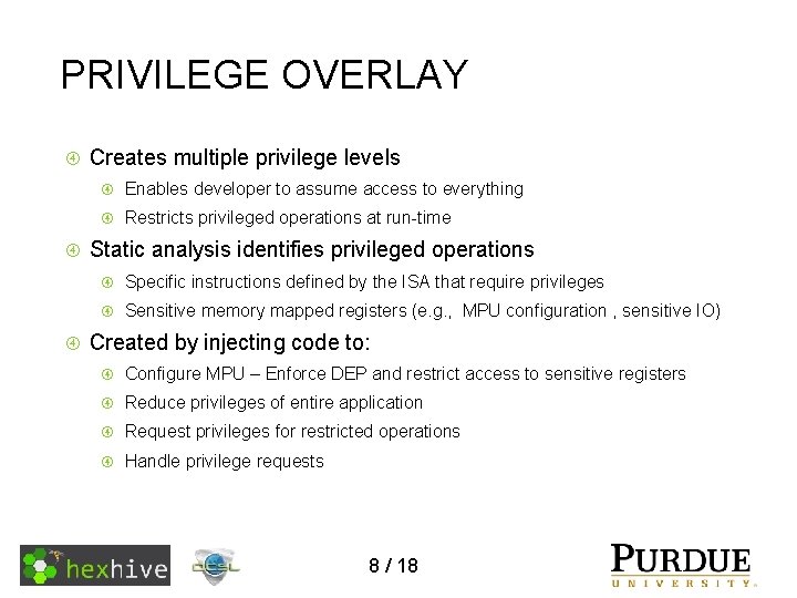 PRIVILEGE OVERLAY Creates multiple privilege levels Enables developer to assume access to everything Restricts