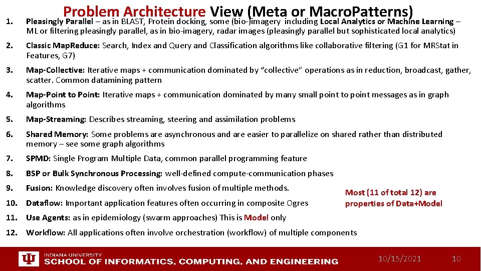 Problem Architecture View (Meta or Macro. Patterns) 1. Pleasingly Parallel – as in BLAST,