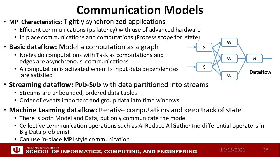 Communication Models • MPI Characteristics: Tightly synchronized applications • Efficient communications (µs latency) with