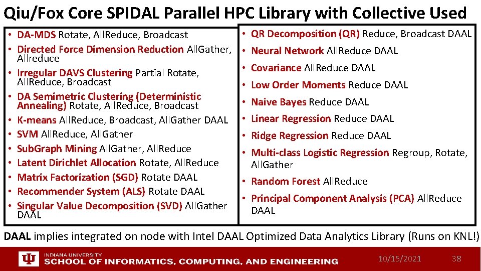 Qiu/Fox Core SPIDAL Parallel HPC Library with Collective Used • DA-MDS Rotate, All. Reduce,