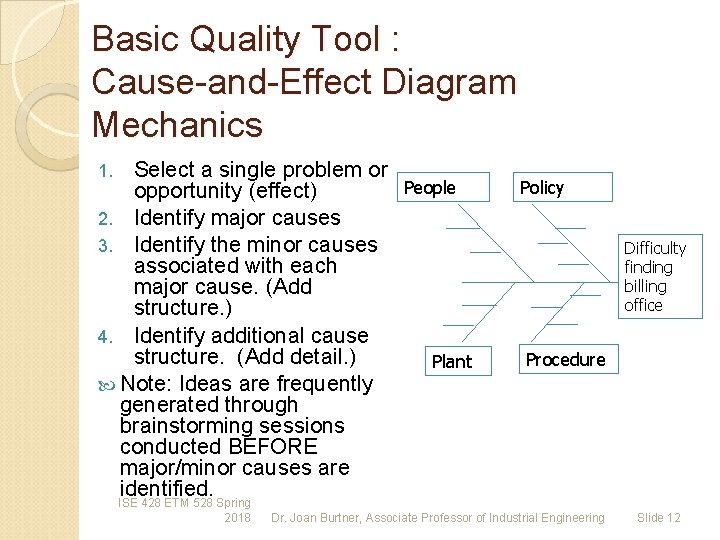 Basic Quality Tool : Cause-and-Effect Diagram Mechanics Select a single problem or People opportunity