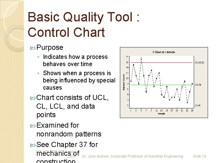 Basic Quality Tool : Control Chart Purpose ◦ Indicates how a process behaves over