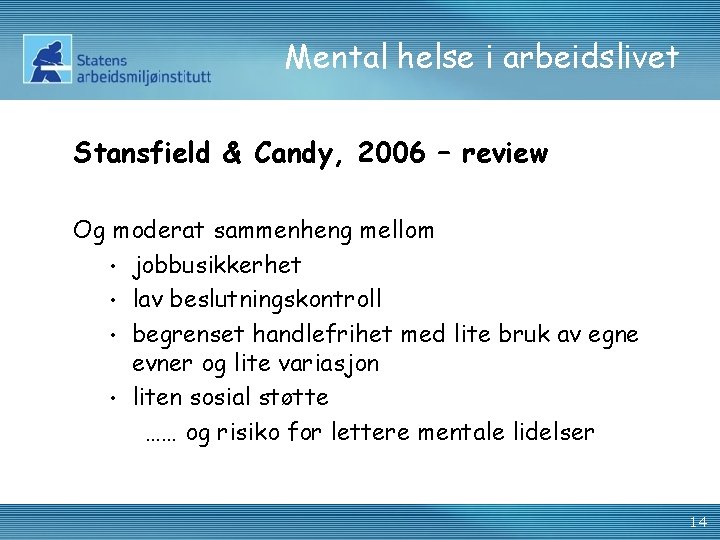 Mental helse i arbeidslivet Stansfield & Candy, 2006 – review Og moderat sammenheng mellom