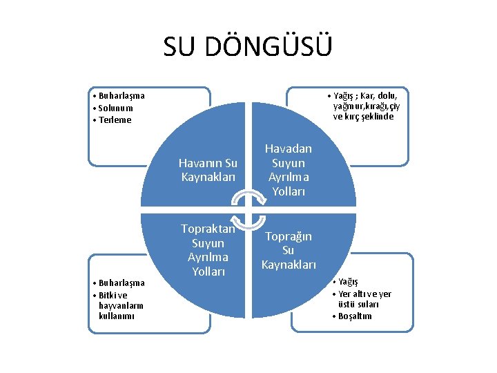 SU DÖNGÜSÜ • Buharlaşma • Solunum • Terleme • Buharlaşma • Bitki ve hayvanların