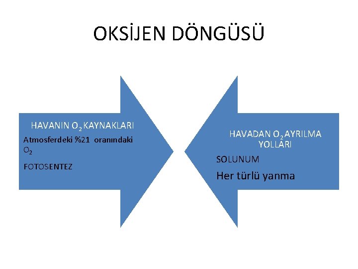 OKSİJEN DÖNGÜSÜ HAVANIN O 2 KAYNAKLARI Atmosferdeki %21 oranındaki O 2 FOTOSENTEZ HAVADAN O