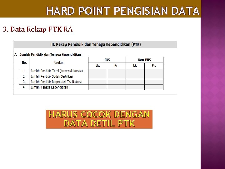 HARD POINT PENGISIAN DATA 3. Data Rekap PTK RA HARUS COCOK DENGAN DATA DETIL
