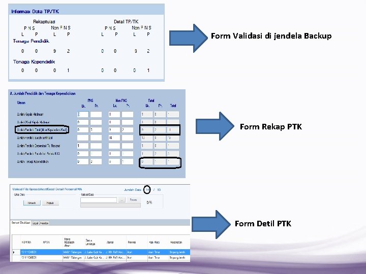 Form Validasi di jendela Backup Form Rekap PTK Form Detil PTK 