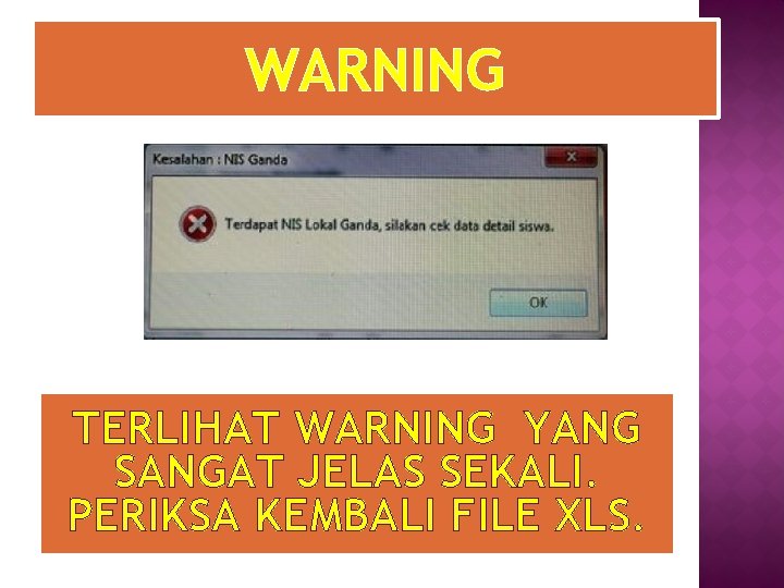 WARNING TERLIHAT WARNING YANG SANGAT JELAS SEKALI. PERIKSA KEMBALI FILE XLS. 