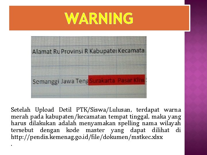 WARNING Setelah Upload Detil PTK/Siswa/Lulusan, terdapat warna merah pada kabupaten/kecamatan tempat tinggal, maka yang