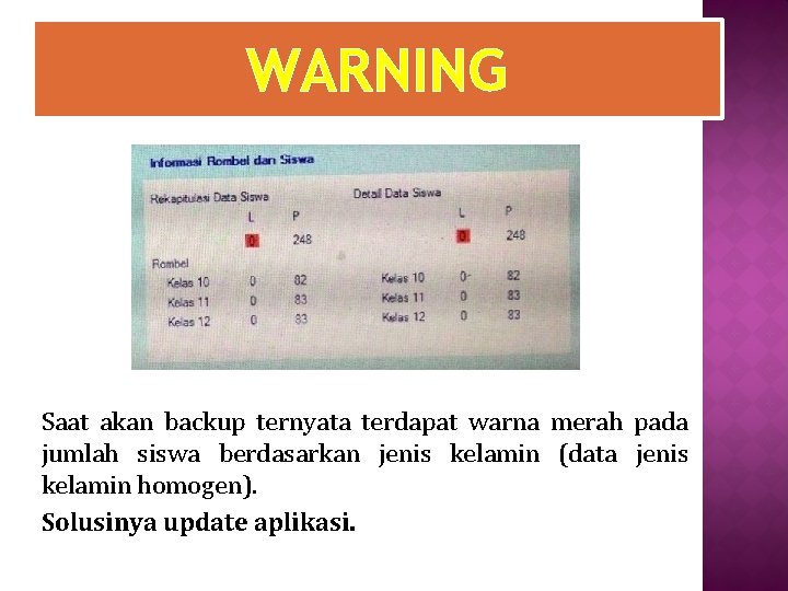 WARNING Saat akan backup ternyata terdapat warna merah pada jumlah siswa berdasarkan jenis kelamin