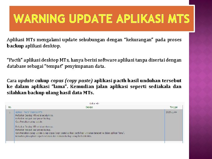 WARNING UPDATE APLIKASI MTS Aplikasi MTs mengalami update sehubungan dengan “kekurangan” pada proses backup