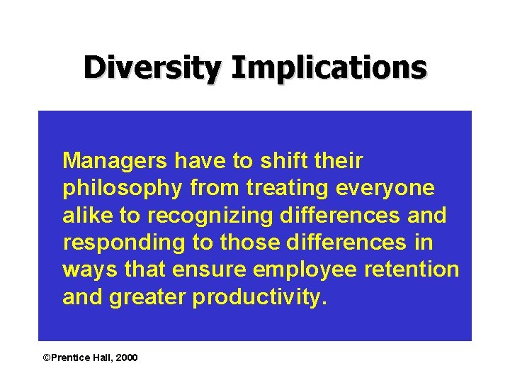 Diversity Implications Managers have to shift their philosophy from treating everyone alike to recognizing