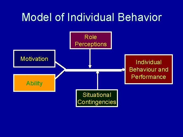 Model of Individual Behavior Role Perceptions Motivation Individual Behaviour and Performance Ability Situational Contingencies