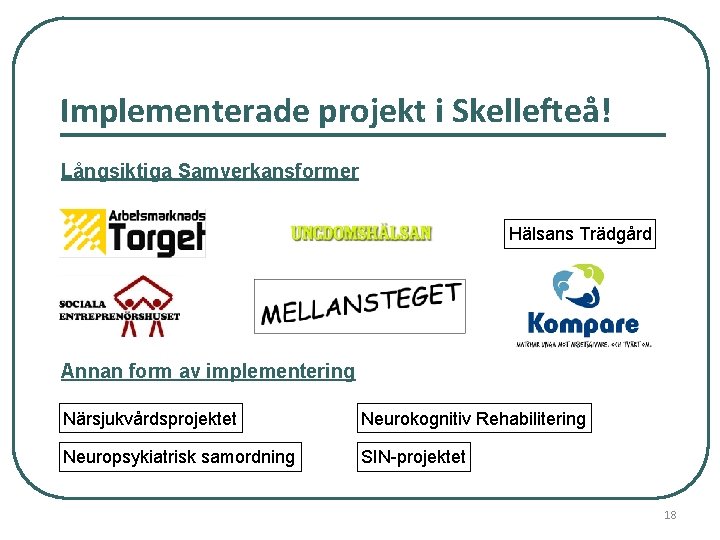 Implementerade projekt i Skellefteå! Långsiktiga Samverkansformer Hälsans Trädgård Annan form av implementering Närsjukvårdsprojektet Neurokognitiv