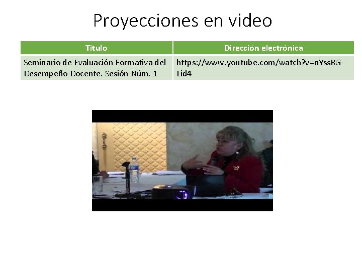 Proyecciones en video Titulo Seminario de Evaluación Formativa del Desempeño Docente. Sesión Núm. 1
