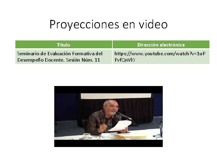 Proyecciones en video Titulo Seminario de Evaluación Formativa del Desempeño Docente. Sesión Núm. 11