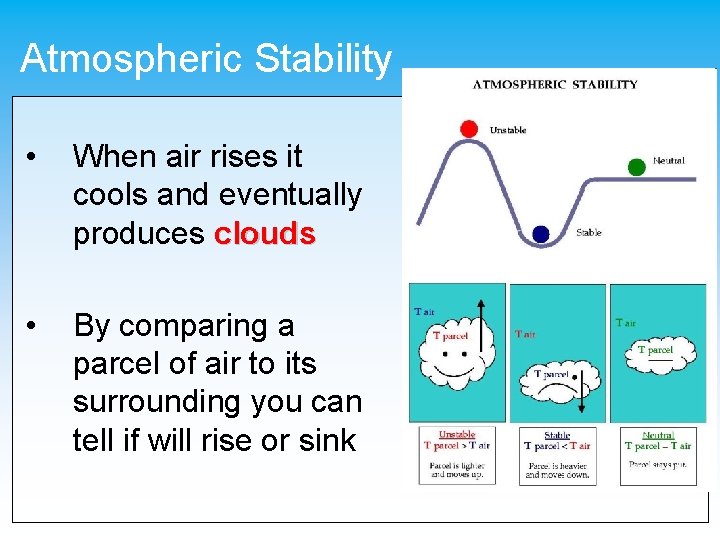 Atmospheric Stability • When air rises it cools and eventually produces clouds • By