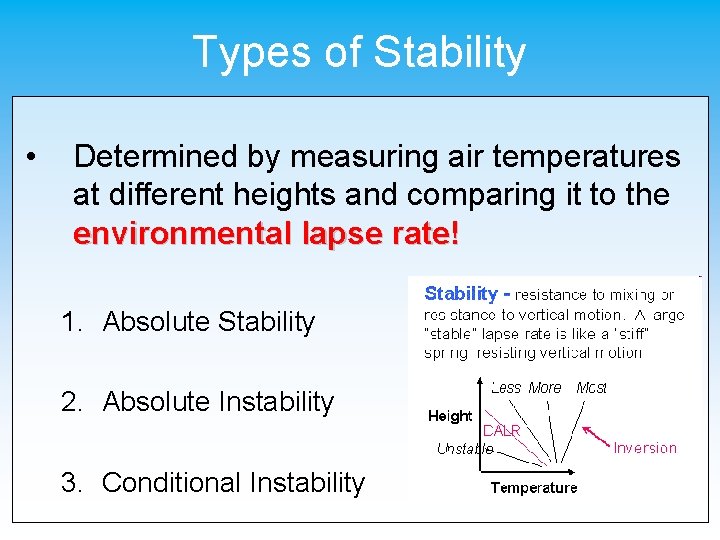 Types of Stability • Determined by measuring air temperatures at different heights and comparing