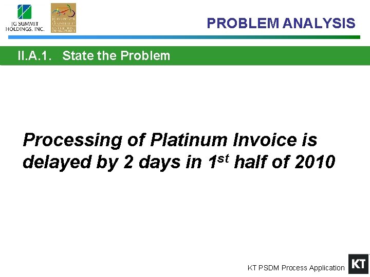 PROBLEM ANALYSIS II. A. 1. State the Problem Processing of Platinum Invoice is delayed
