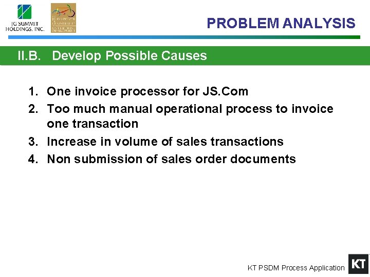 PROBLEM ANALYSIS II. B. Develop Possible Causes 1. One invoice processor for JS. Com