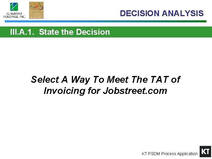 DECISION ANALYSIS III. A. 1. State the Decision Select A Way To Meet The