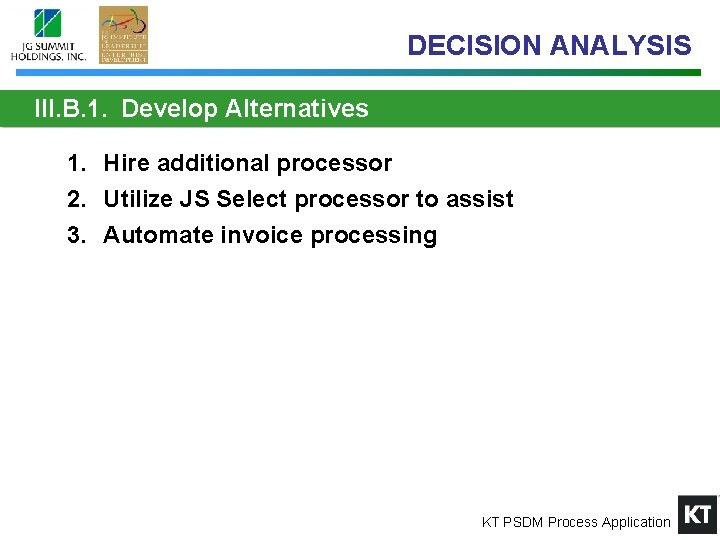 DECISION ANALYSIS III. B. 1. Develop Alternatives 1. Hire additional processor 2. Utilize JS