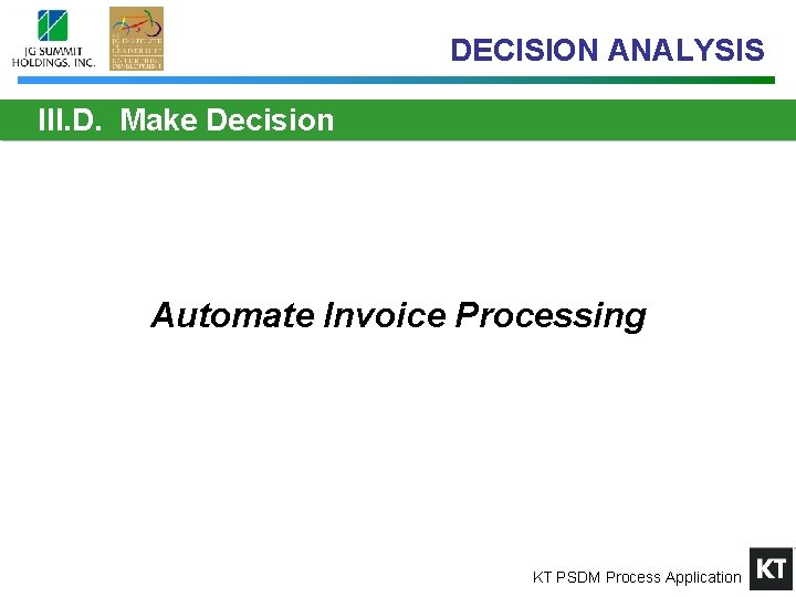 DECISION ANALYSIS III. D. Make Decision Automate Invoice Processing KT PSDM Process Application 
