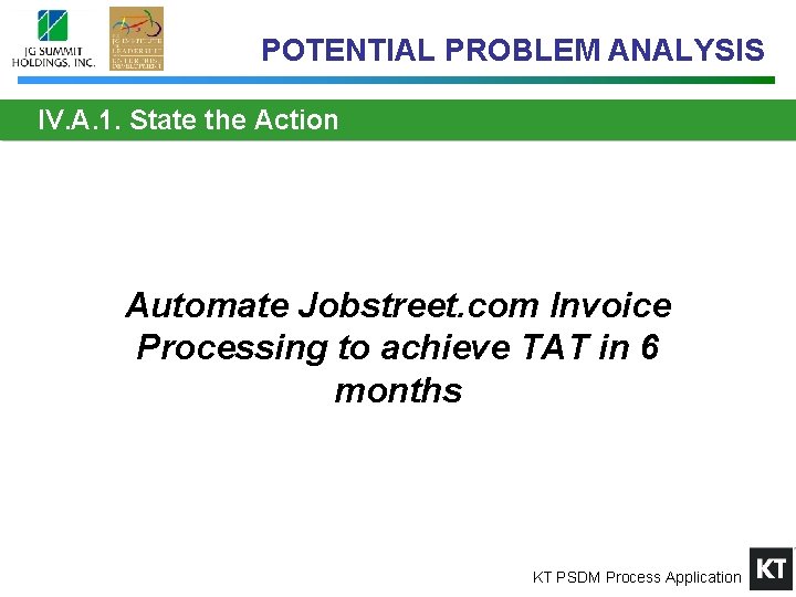 POTENTIAL PROBLEM ANALYSIS IV. A. 1. State the Action Automate Jobstreet. com Invoice Processing