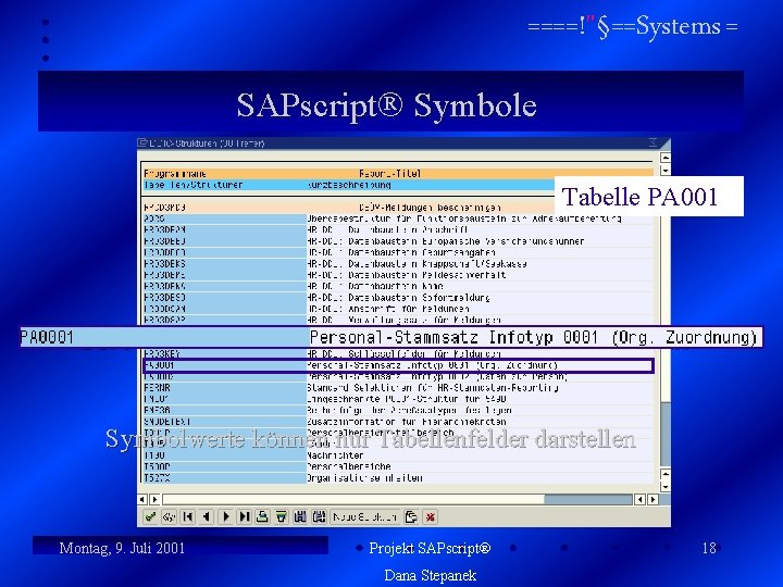 ====!"§==Systems = SAPscript Symbole Tabelle PA 001 Die Auswahlliste zeigt alle Tabellen des Druckprogramms