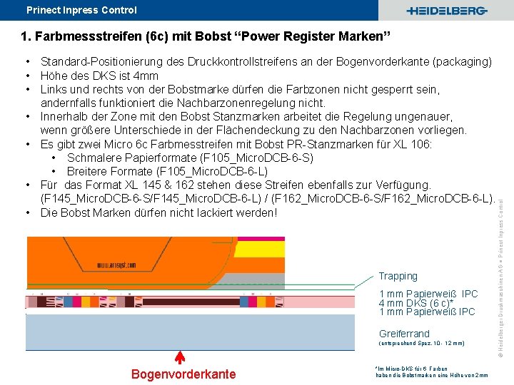 Prinect Inpress Control • Standard-Positionierung des Druckkontrollstreifens an der Bogenvorderkante (packaging) • Höhe des