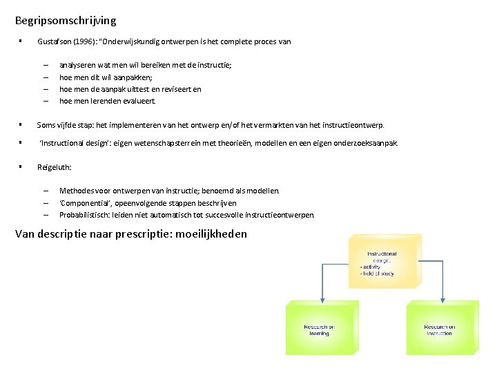 Begripsomschrijving § Gustafson (1996): "Onderwijskundig ontwerpen is het complete proces van – – analyseren