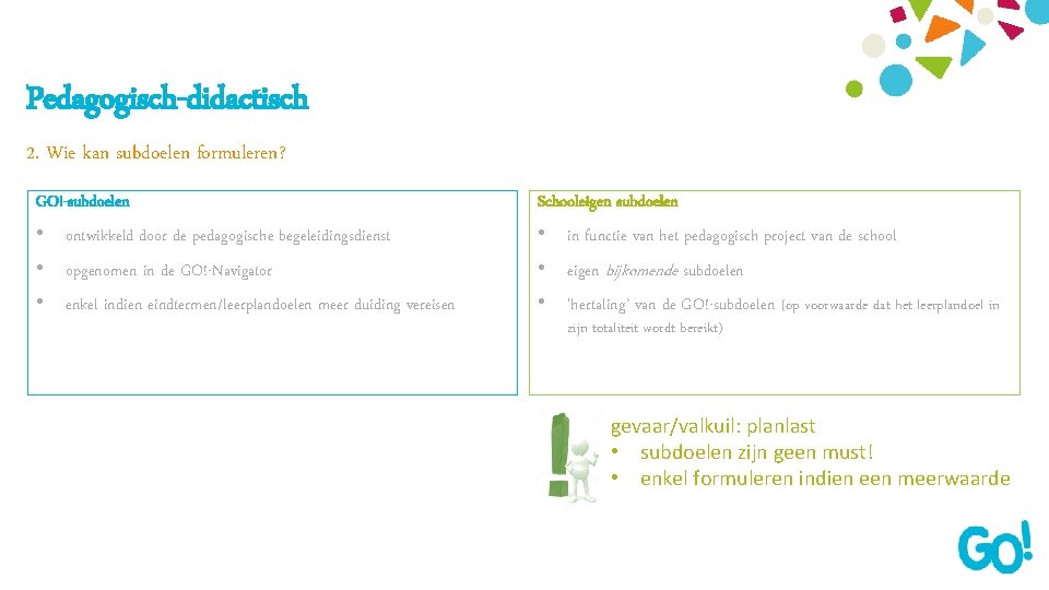 Pedagogisch-didactisch 2. Wie kan subdoelen formuleren? GO!-subdoelen Schooleigen subdoelen • opgenomen in de GO!-Navigator