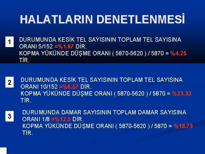 HALATLARIN DENETLENMESİ 1 DURUMUNDA KESİK TEL SAYISININ TOPLAM TEL SAYISINA ORANI 5/152 =%1. 97