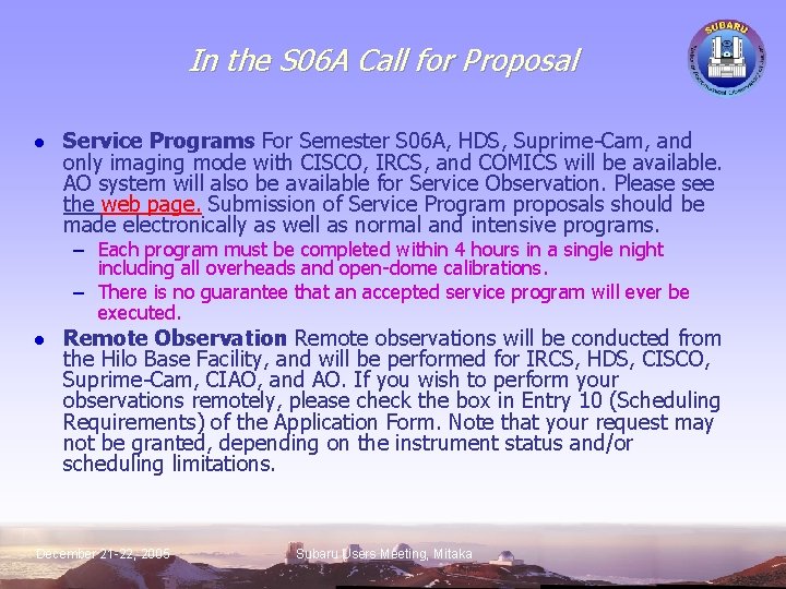 In the S 06 A Call for Proposal l Service Programs For Semester S